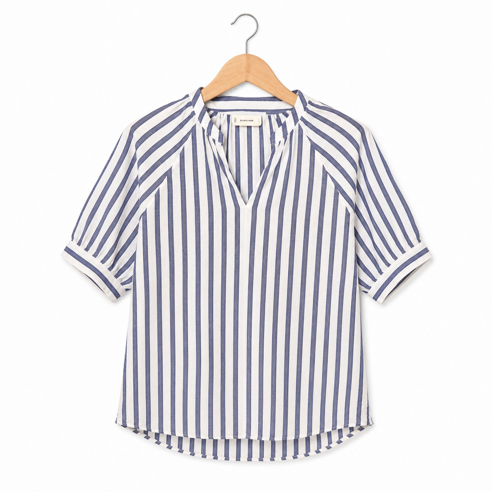 Everlane The Gauze Gathered Top Womens L Blue White Stripe 100% Organic Cotton